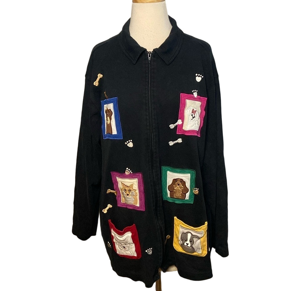 Embroidered Dogs Bechamel Dogs Cardigan Zip Front Sweater Front Pockets Black L